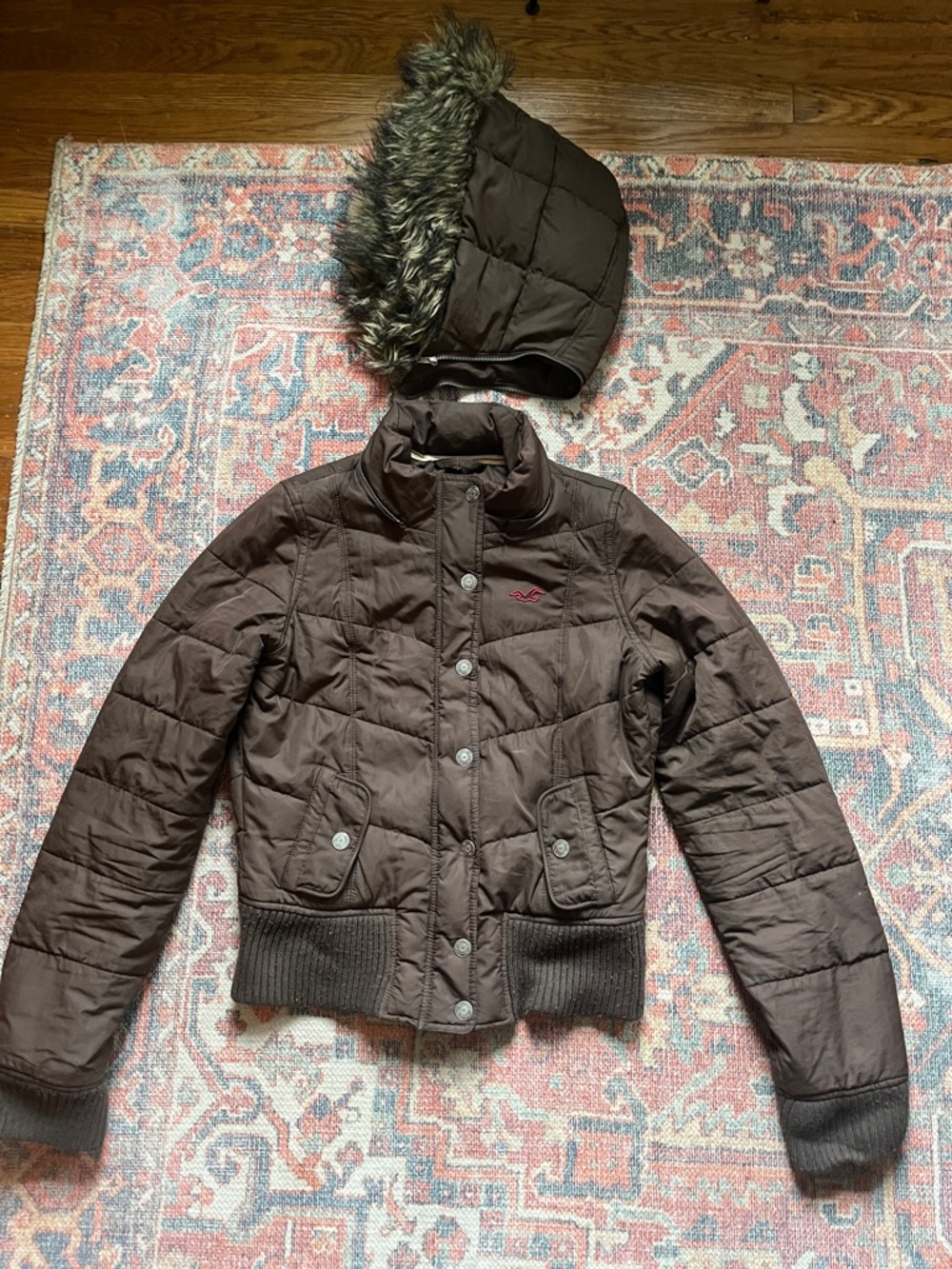 Hollister Quilted Bomber Jacket with Removable Faux Fur Hood - Brown - Large